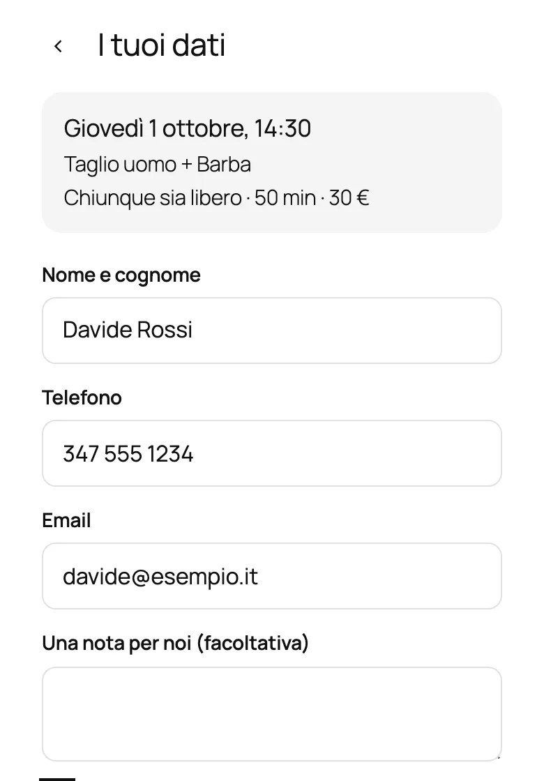 Nome, telefono ed email